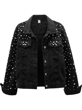 Women's Black Pearls Casual Denim Jacket Cropped Rhinestones Jean Jacket Coat